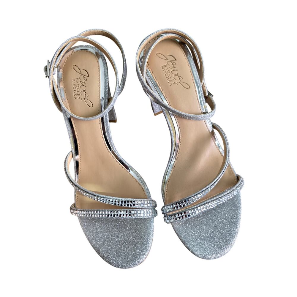 Jewel Badgley Mischka Aura Embellished Block Heel Sandals Silver Size 7